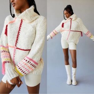 BDG Urban Outfitters Anissa Cream Knit Multicolored Fringe Mockneck Sweater